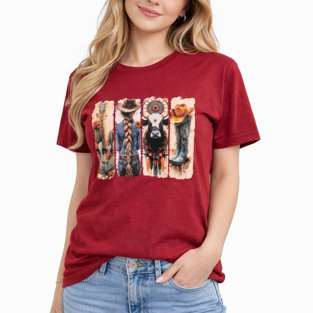 Western Graphic T-Shirt with Sublimated Design – Size S 🤠